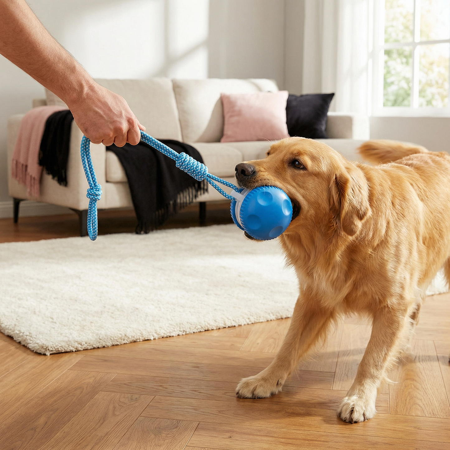 Interactive & Durable Dog Ball – Motion Toy with Tug Rope in Dog Colours