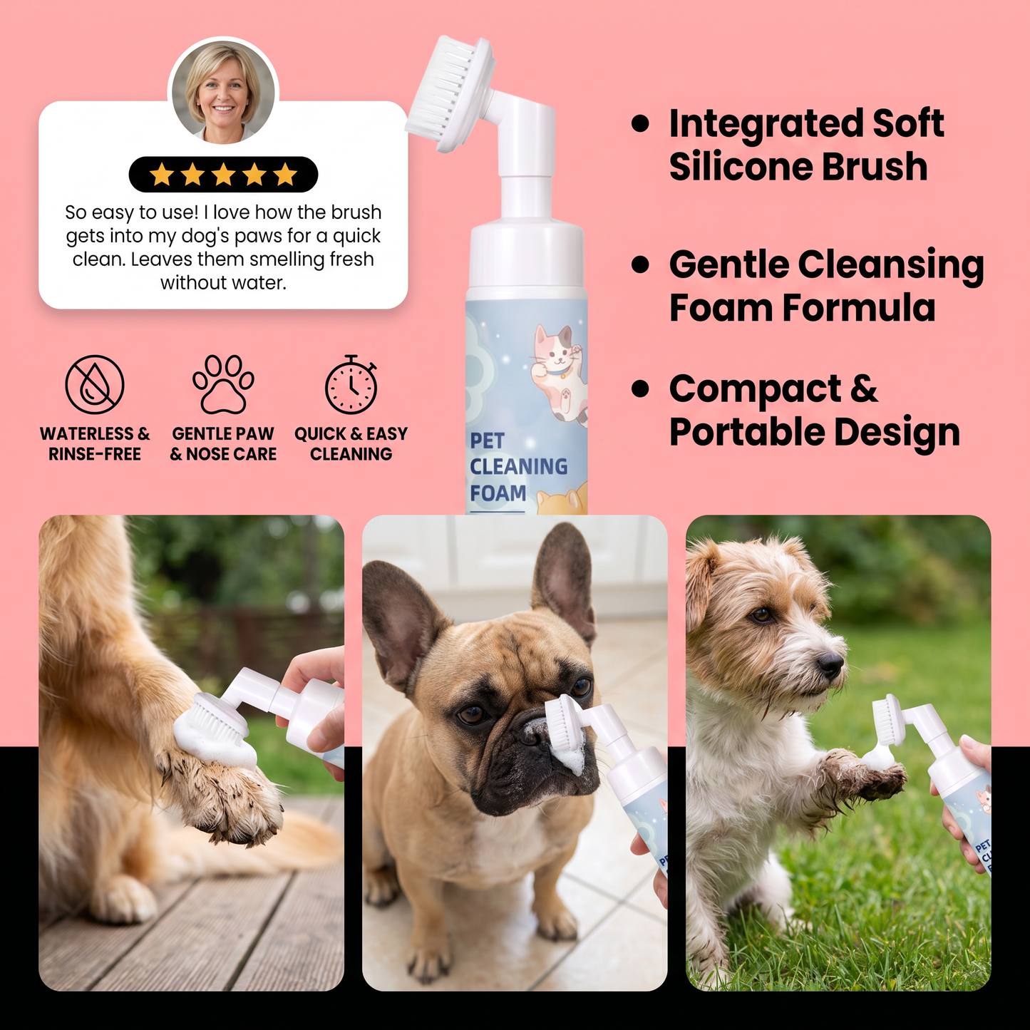 Gentle Waterless Paw Cleansing Foam with Brush for Dogs