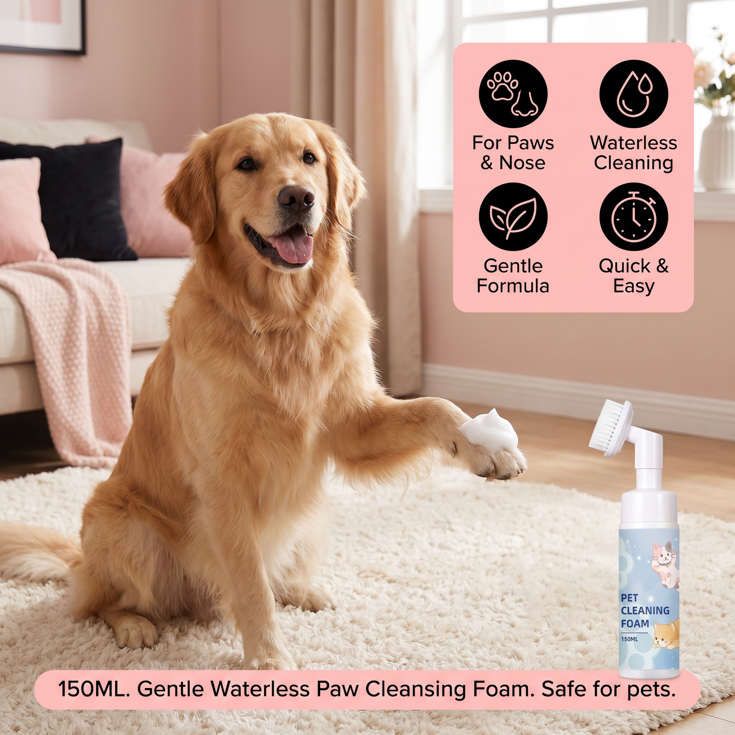 Gentle Waterless Paw Cleansing Foam with Brush for Dogs